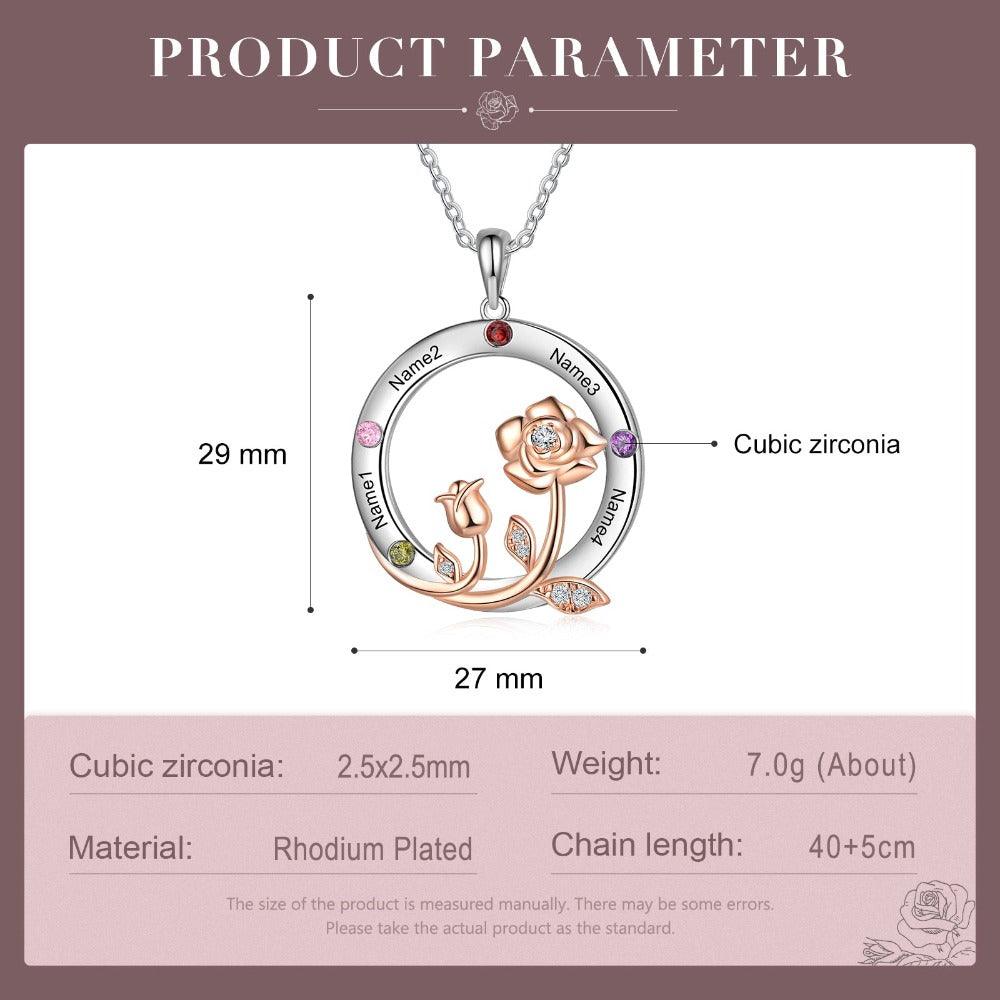 Personalized Roses Circle Silver Pendant Necklace - Four Custom Names & Birthstones-Personalized Jewels