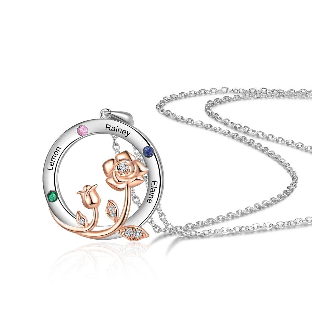 Personalized Roses Circle Silver Pendant Necklace - Three Custom Names & Birthstones - Personalized Jewel