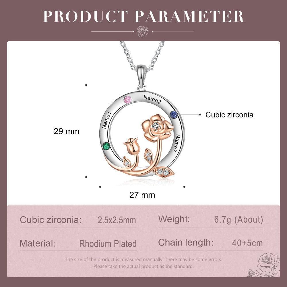 Personalized Roses Circle Silver Pendant Necklace - Three Custom Names & Birthstones - Personalized Jewel