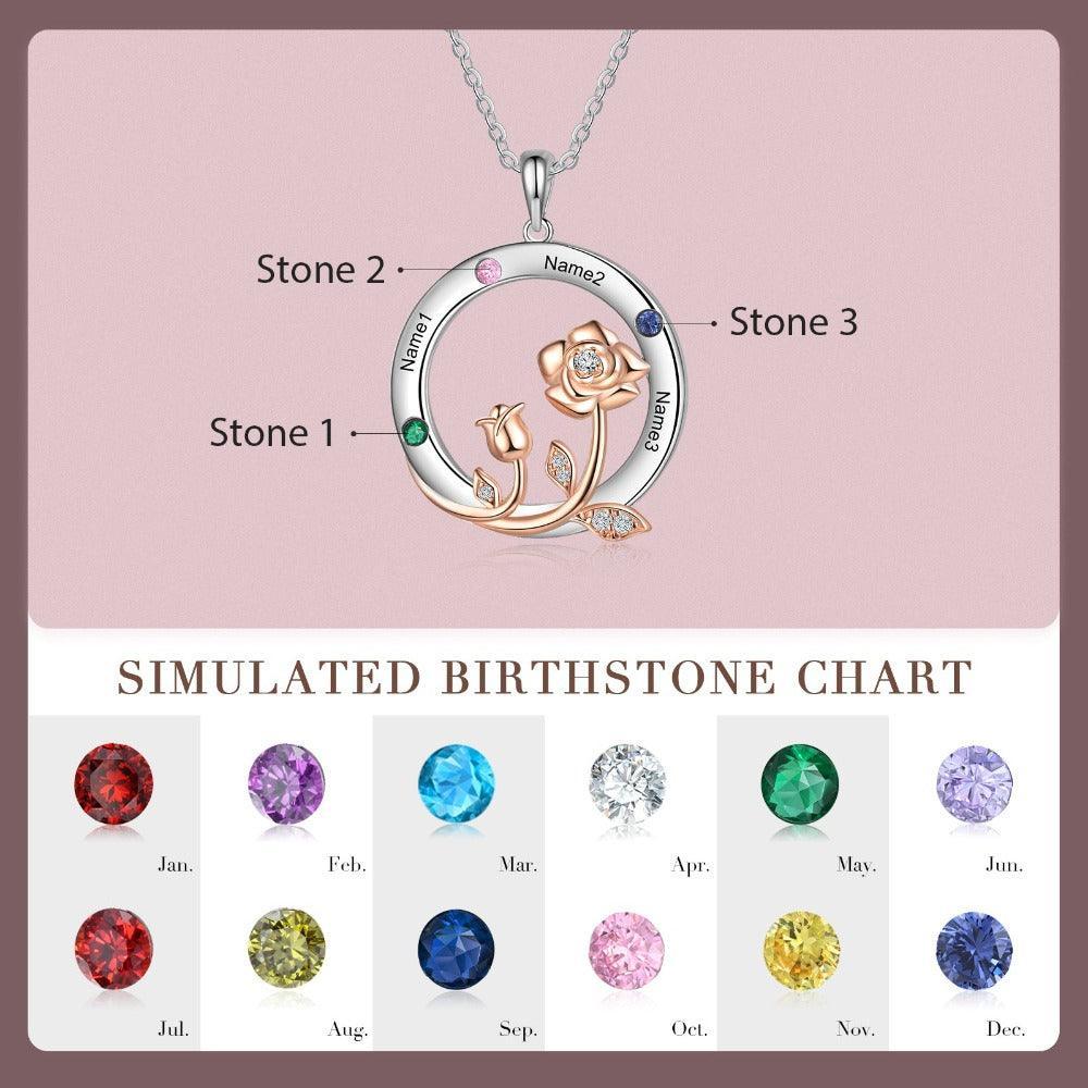 Personalized Roses Circle Silver Pendant Necklace - Three Custom Names & Birthstones-Personalized Jewels