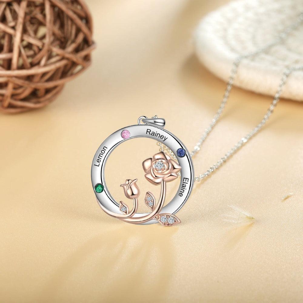 Personalized Roses Circle Silver Pendant Necklace - Three Custom Names & Birthstones-Personalized Jewels