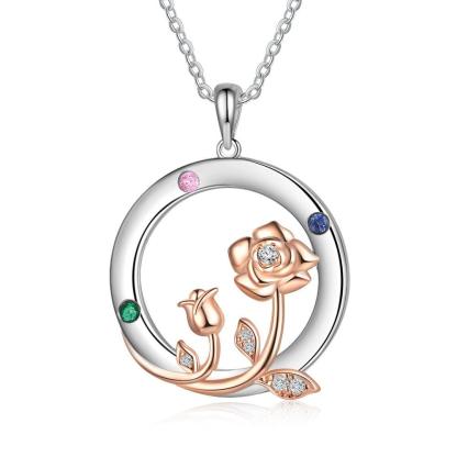 Personalized Roses Circle Silver Pendant Necklace - Three Custom Names & Birthstones - Personalized Jewel