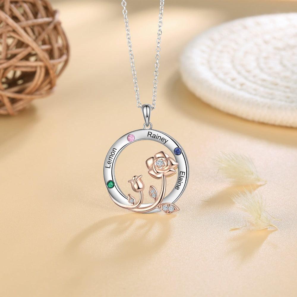 Personalized Roses Circle Silver Pendant Necklace - Three Custom Names & Birthstones - Personalized Jewel