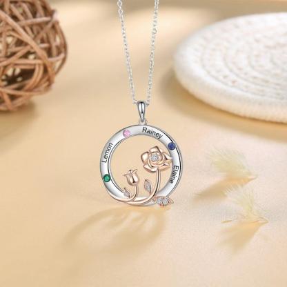 Personalized Roses Circle Silver Pendant Necklace - Three Custom Names & Birthstones - Personalized Jewel