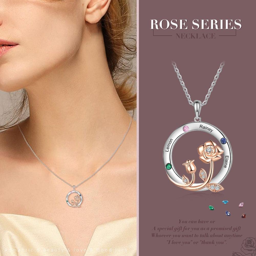 Personalized Roses Circle Silver Pendant Necklace - Three Custom Names & Birthstones - Personalized Jewel