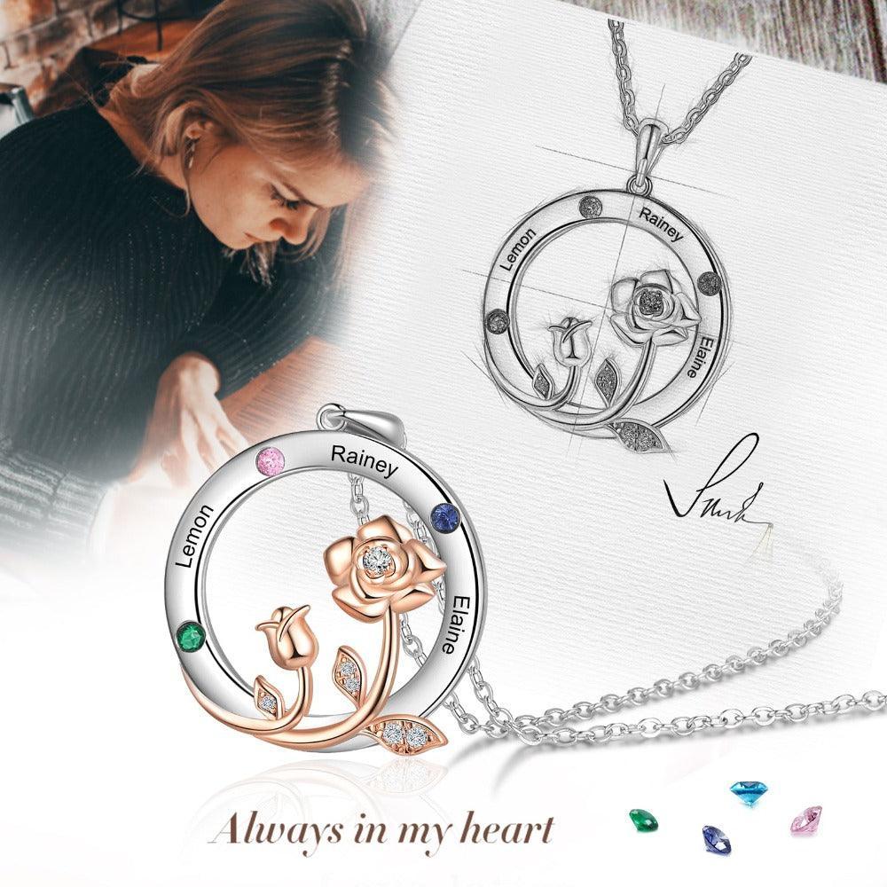 Personalized Roses Circle Silver Pendant Necklace - Three Custom Names & Birthstones - Personalized Jewel