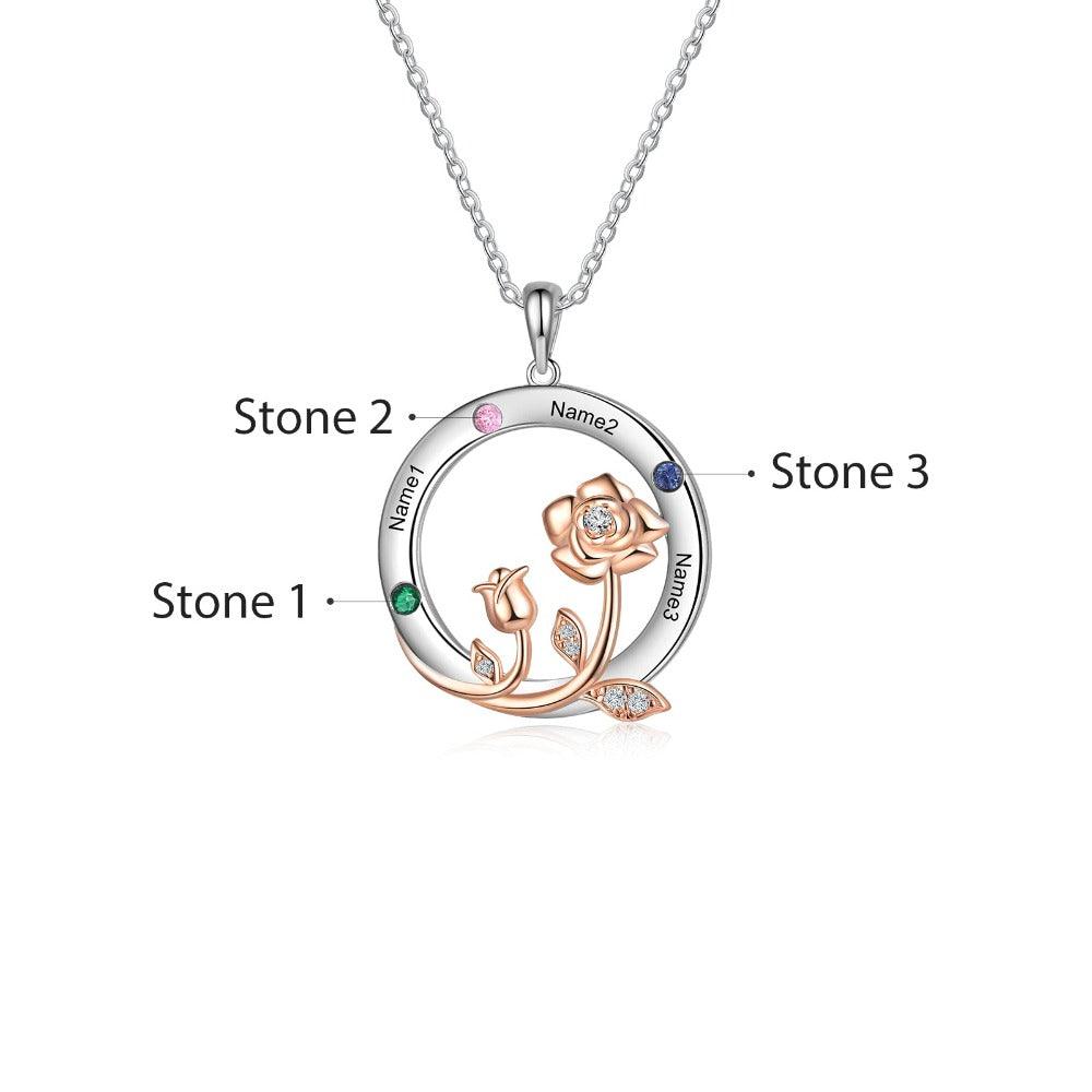 Personalized Roses Circle Silver Pendant Necklace - Three Custom Names & Birthstones - Personalized Jewel