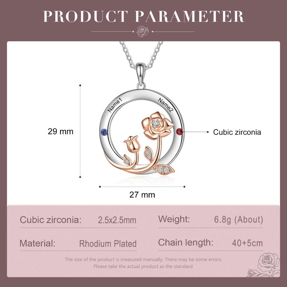 Personalized Roses Circle Silver Pendant Necklace - Two Custom Names & Birthstones - Personalized Jewel