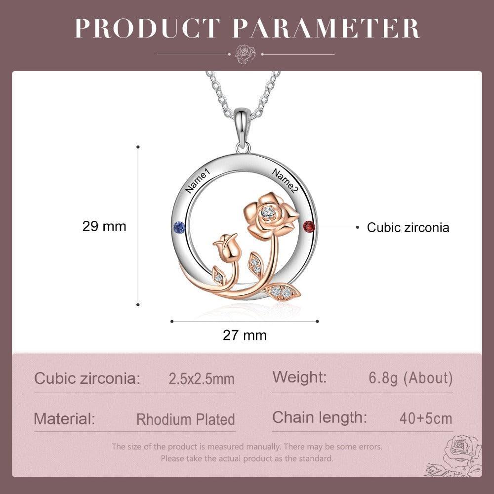 Personalized Roses Circle Silver Pendant Necklace - Two Custom Names & Birthstones - Personalized Jewel