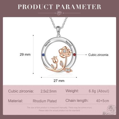 Personalized Roses Circle Silver Pendant Necklace - Two Custom Names & Birthstones - Personalized Jewel