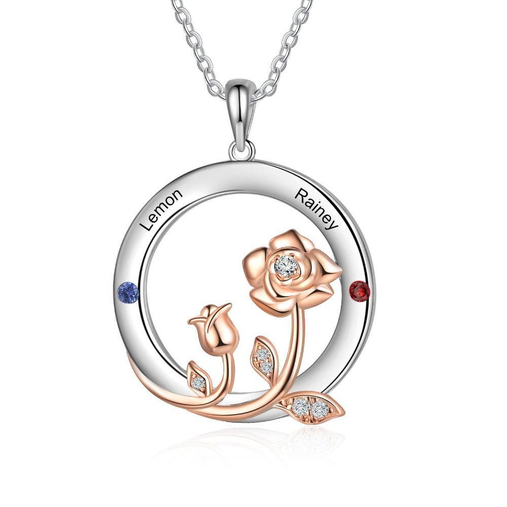 Personalized Roses Circle Silver Pendant Necklace - Two Custom Names & Birthstones - Personalized Jewel