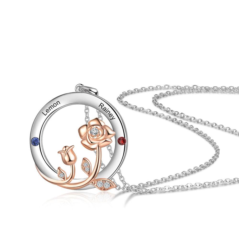 Personalized Roses Circle Silver Pendant Necklace - Two Custom Names & Birthstones-Personalized Jewels