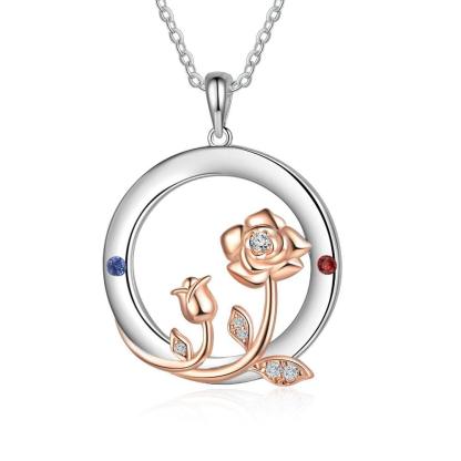 Personalized Roses Circle Silver Pendant Necklace - Two Custom Names & Birthstones - Personalized Jewel