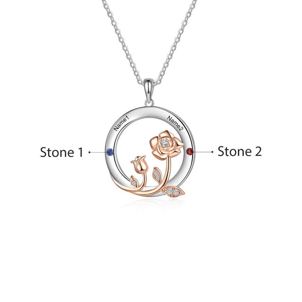 Personalized Roses Circle Silver Pendant Necklace - Two Custom Names & Birthstones - Personalized Jewel