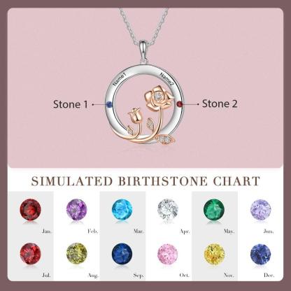 Personalized Roses Circle Silver Pendant Necklace - Two Custom Names & Birthstones - Personalized Jewel