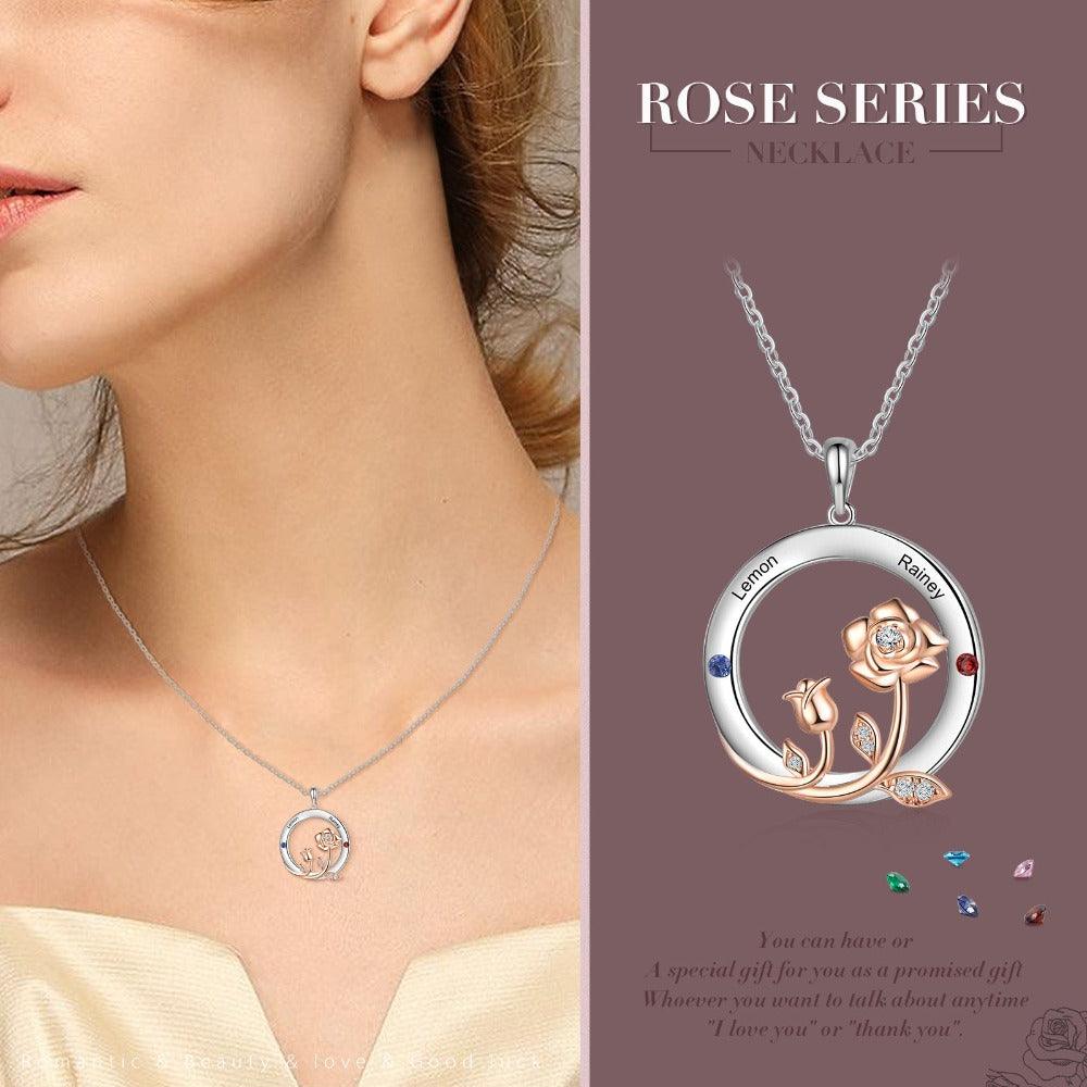 Personalized Roses Circle Silver Pendant Necklace - Two Custom Names & Birthstones - Personalized Jewel