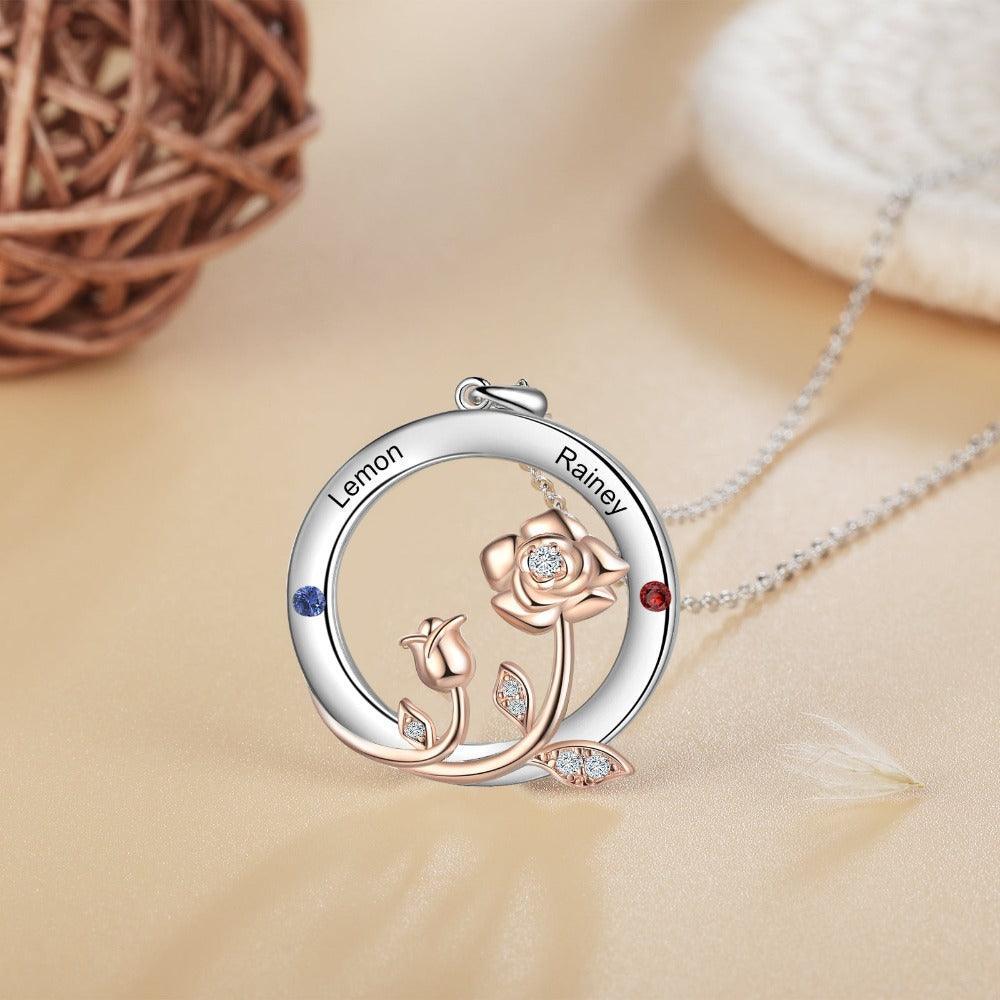Personalized Roses Circle Silver Pendant Necklace - Two Custom Names & Birthstones - Personalized Jewel