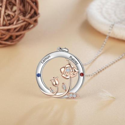 Personalized Roses Circle Silver Pendant Necklace - Two Custom Names & Birthstones - Personalized Jewel
