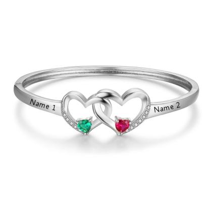 Personalized Silver Color Intertwined Heart with 2 Birthstones Engrave Name Bracelet & Bangle - Personalized Jewel