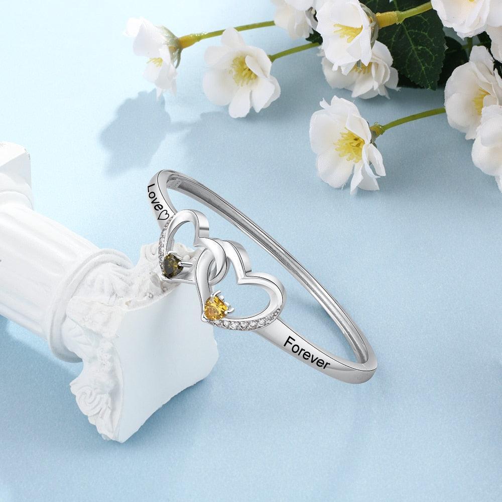 Personalized Silver Color Intertwined Heart with 2 Birthstones Engrave Name Bracelet & Bangle - Personalized Jewel