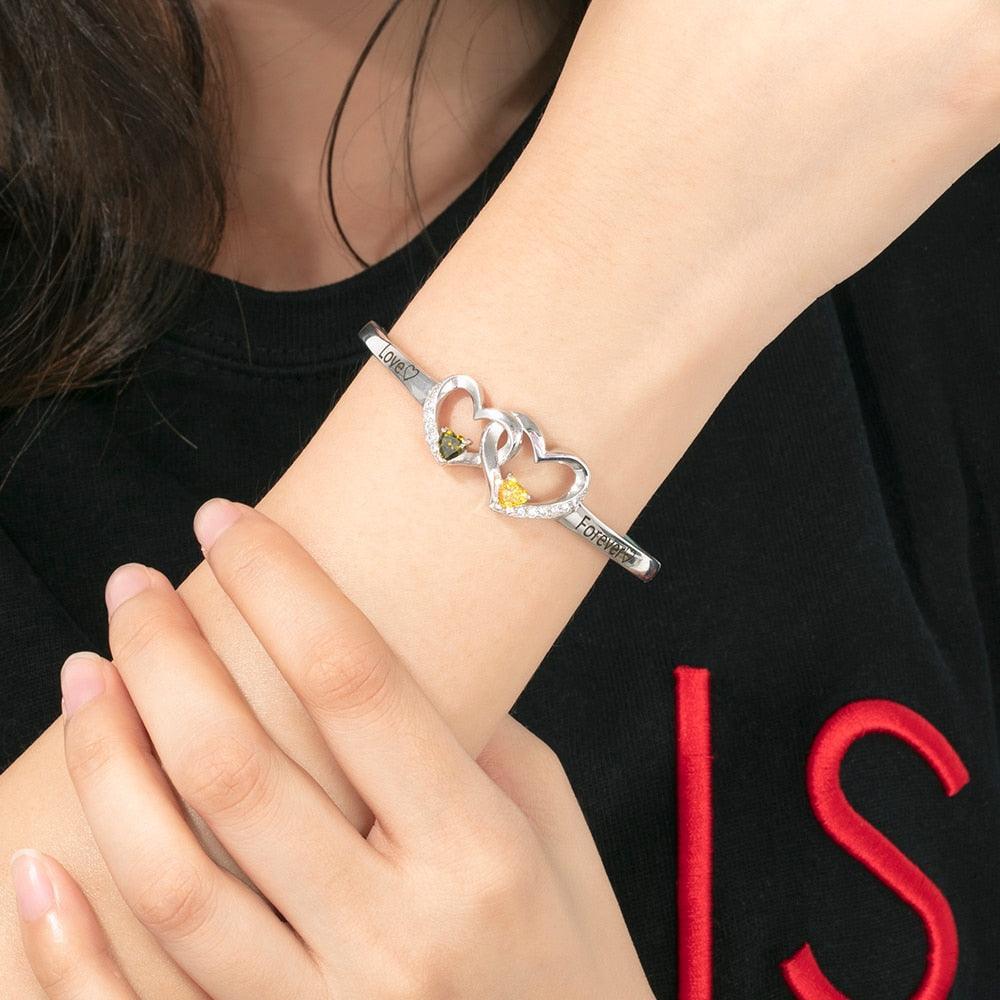 Personalized Silver Color Intertwined Heart with 2 Birthstones Engrave Name Bracelet & Bangle - Personalized Jewel