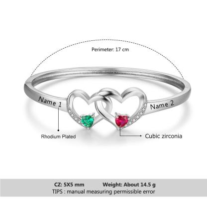 Personalized Silver Color Intertwined Heart with 2 Birthstones Engrave Name Bracelet & Bangle - Personalized Jewel