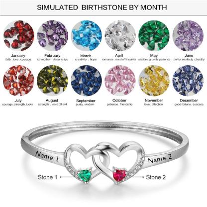 Personalized Silver Color Intertwined Heart with 2 Birthstones Engrave Name Bracelet & Bangle - Personalized Jewel