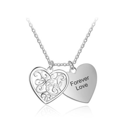 Personalized Silver Engraved Name Necklace With Double Layer Heart Pattern Pendant, Trendy Women's Jewelry - Personalized Jewel