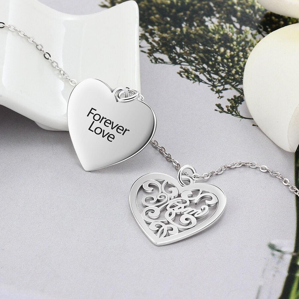 Personalized Silver Engraved Name Necklace With Double Layer Heart Pattern Pendant, Trendy Women's Jewelry - Personalized Jewel