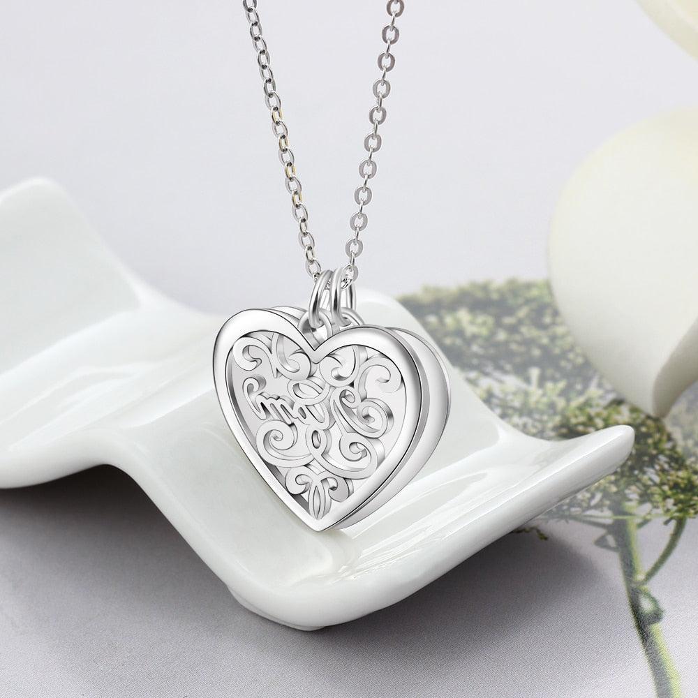 Personalized Silver Engraved Name Necklace With Double Layer Heart Pattern Pendant, Trendy Women's Jewelry - Personalized Jewel