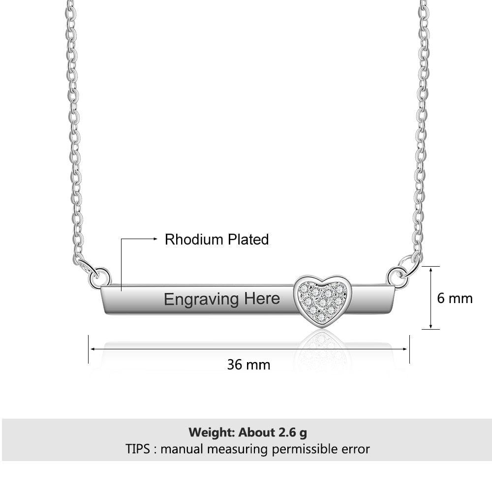 Personalized Silver Name Necklace with Strip with Heart CZ Stone Pendant, Trendy Love Jewelry for Women - Personalized Jewel