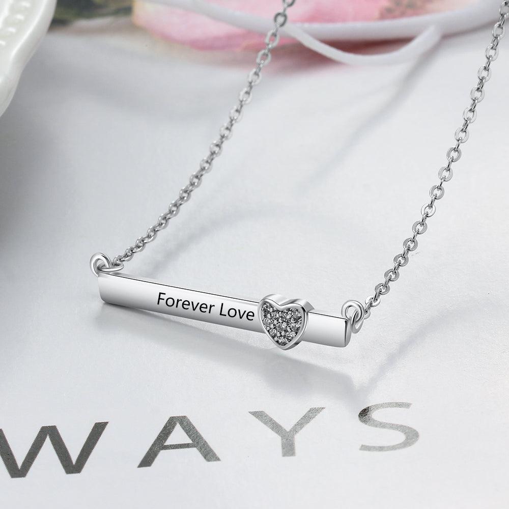 Personalized Silver Name Necklace with Strip with Heart CZ Stone Pendant, Trendy Love Jewelry for Women - Personalized Jewel