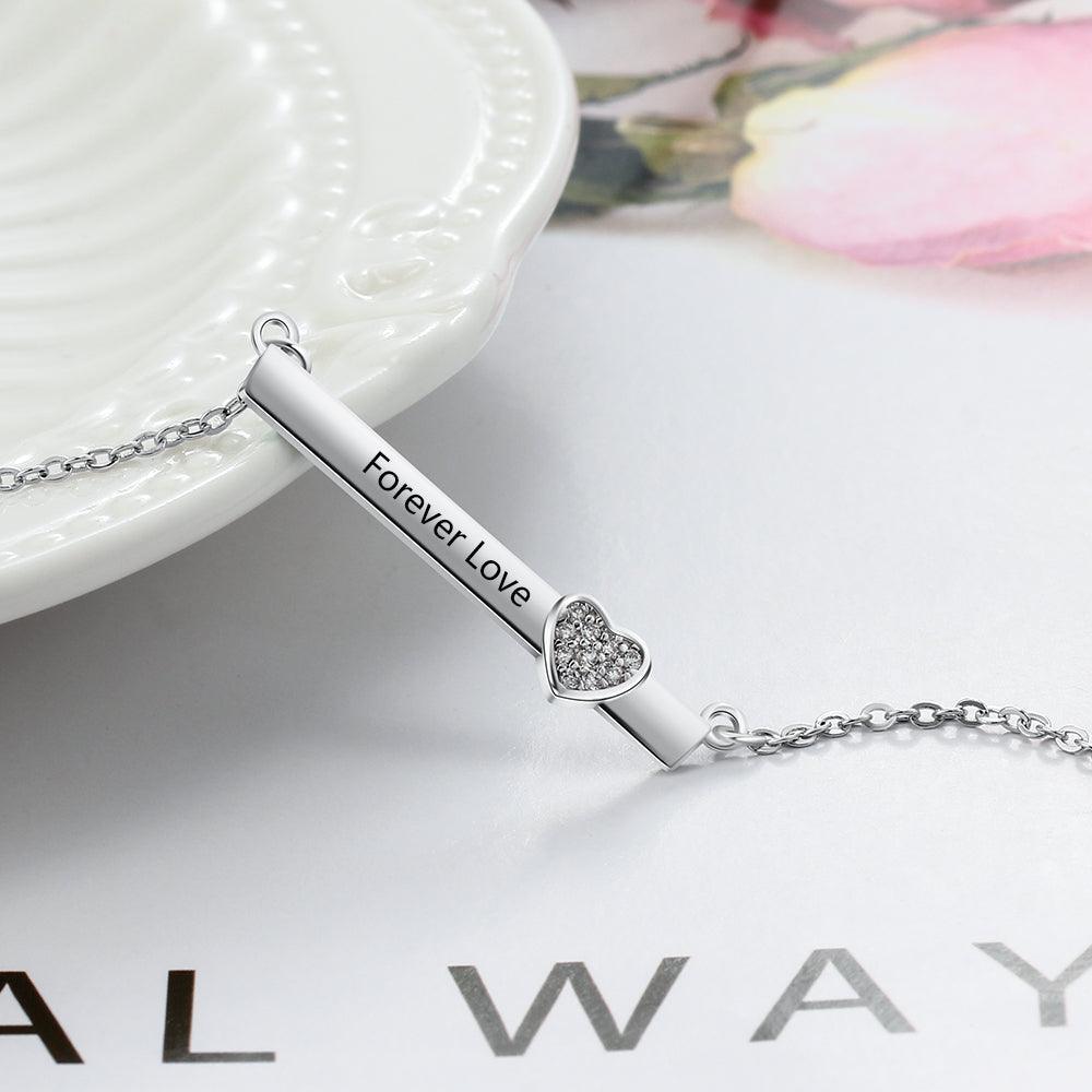 Personalized Silver Name Necklace with Strip with Heart CZ Stone Pendant, Trendy Love Jewelry for Women - Personalized Jewel