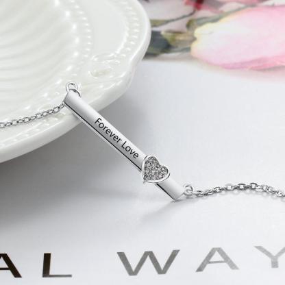 Personalized Silver Name Necklace with Strip with Heart CZ Stone Pendant, Trendy Love Jewelry for Women - Personalized Jewel