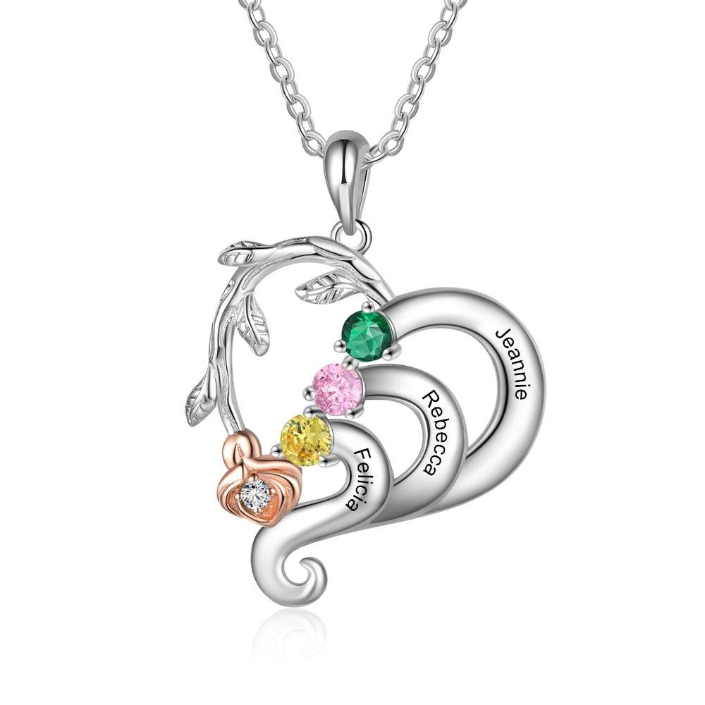 Personalized  Silver Pendant Necklace Three Custom Names And Birthstones-Personalized Jewels