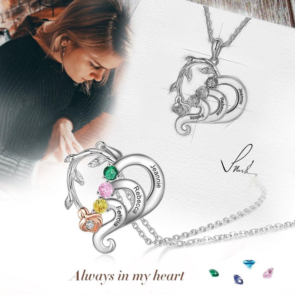 Personalized  Silver Pendant Necklace Three Custom Names And Birthstones-Personalized Jewels