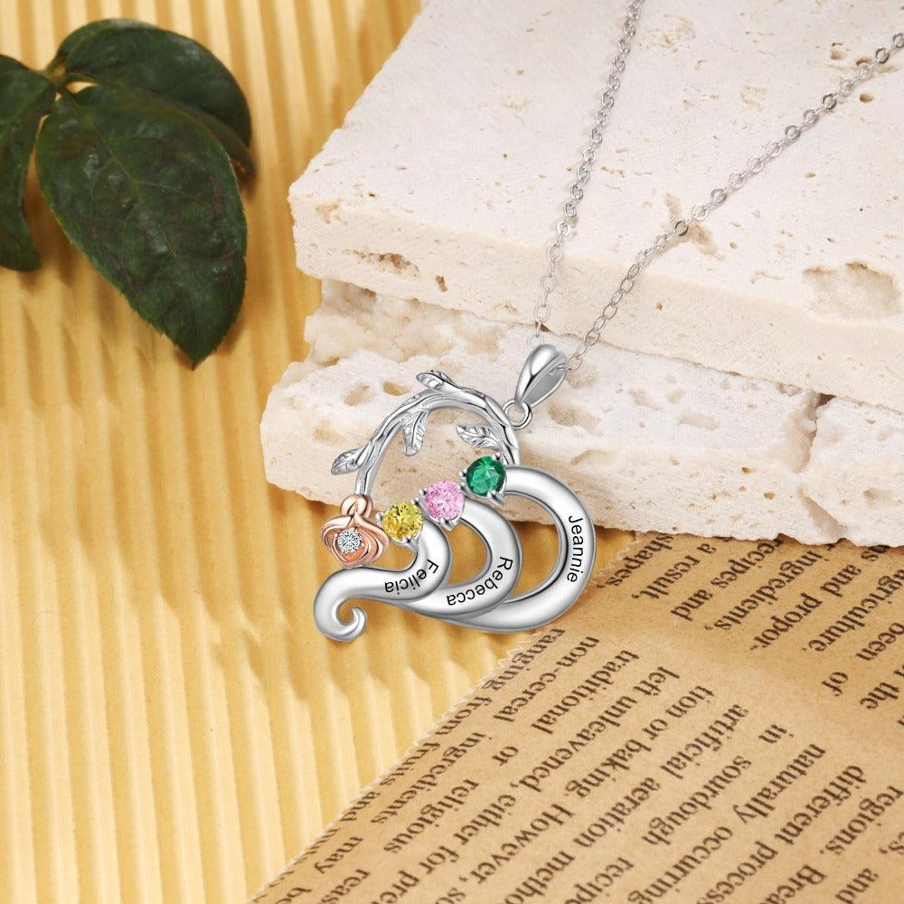 Personalized  Silver Pendant Necklace Three Custom Names And Birthstones-Personalized Jewels