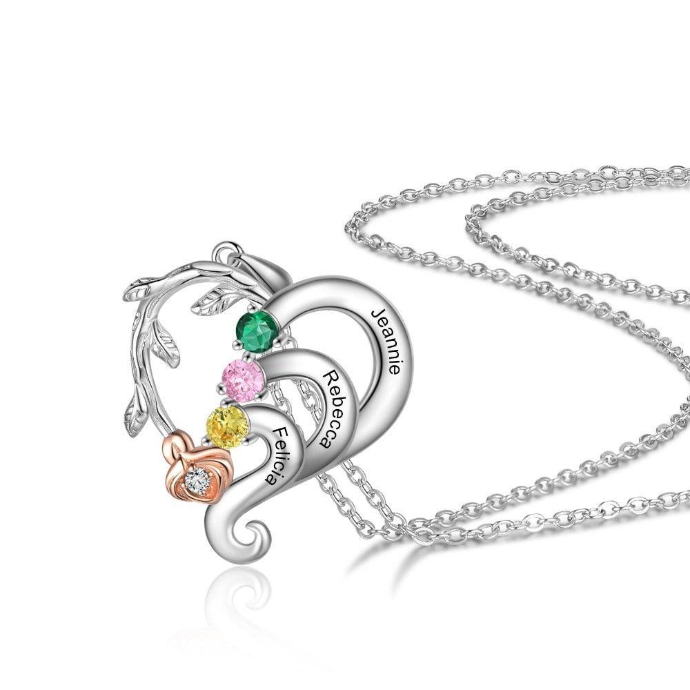 Personalized  Silver Pendant Necklace Three Custom Names And Birthstones-Personalized Jewels