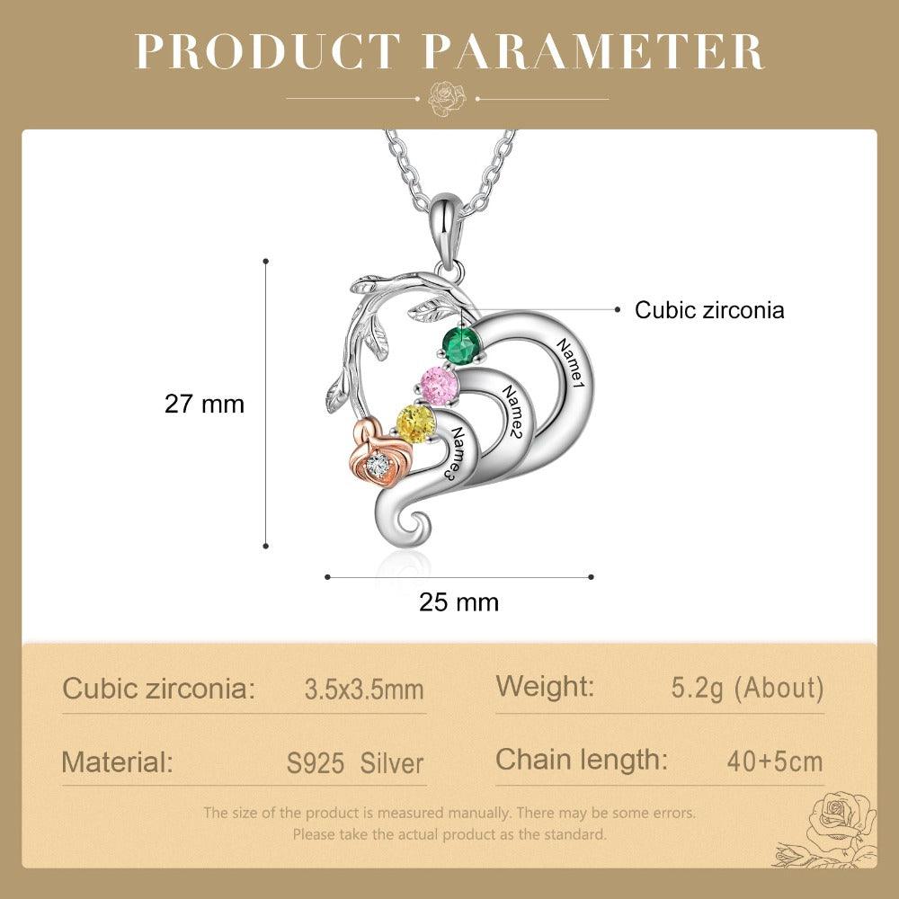 Personalized  Silver Pendant Necklace Three Custom Names And Birthstones-Personalized Jewels