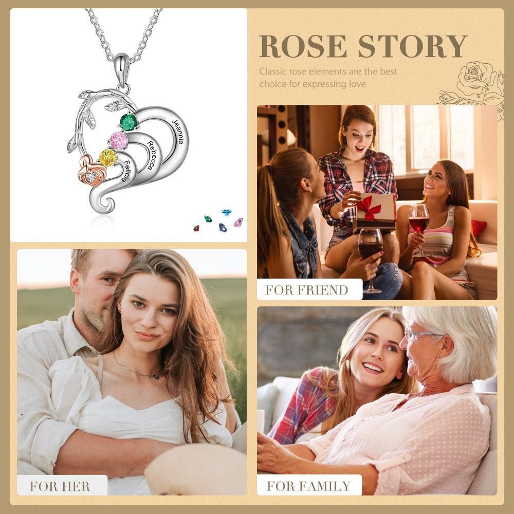 Personalized  Silver Pendant Necklace Three Custom Names And Birthstones-Personalized Jewels