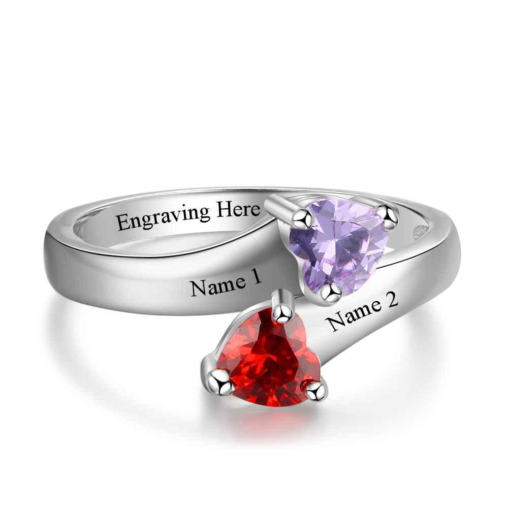 Personalized Silver Ring - Engrave One Phrase, Two Custom Names, Two Custom Heart Birthstones - Customized Gifts featured in a practical buying and verification guide