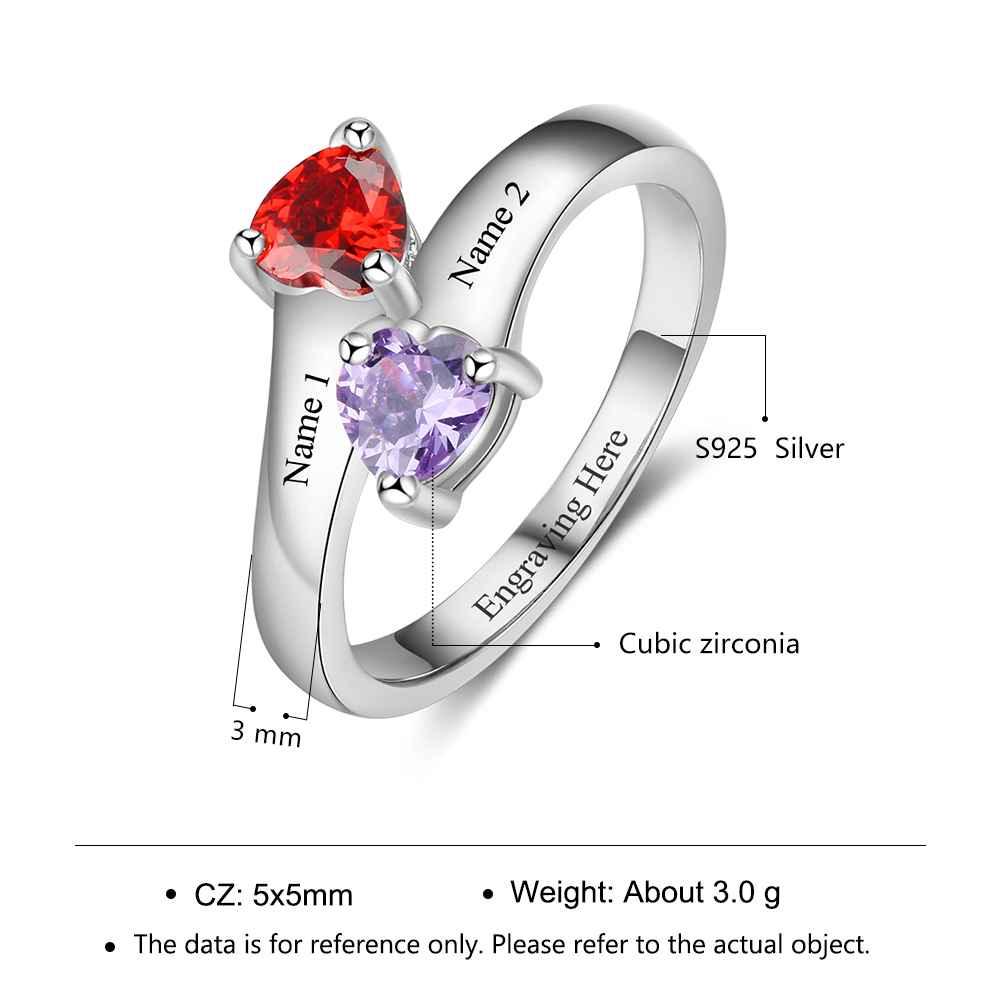 Personalized Silver Ring - Engrave One Phrase, Two Custom Names, Two Custom Heart Birthstones - Customized Gifts featured in the occasion planner guide