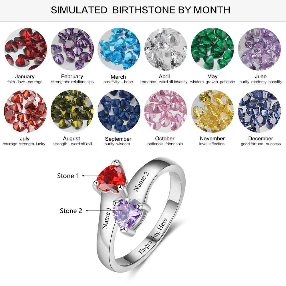 Personalized Silver Ring - Engrave One Phrase, Two Custom Names, Two Custom Heart Birthstones - Customized Gifts featured in the school-season guide
