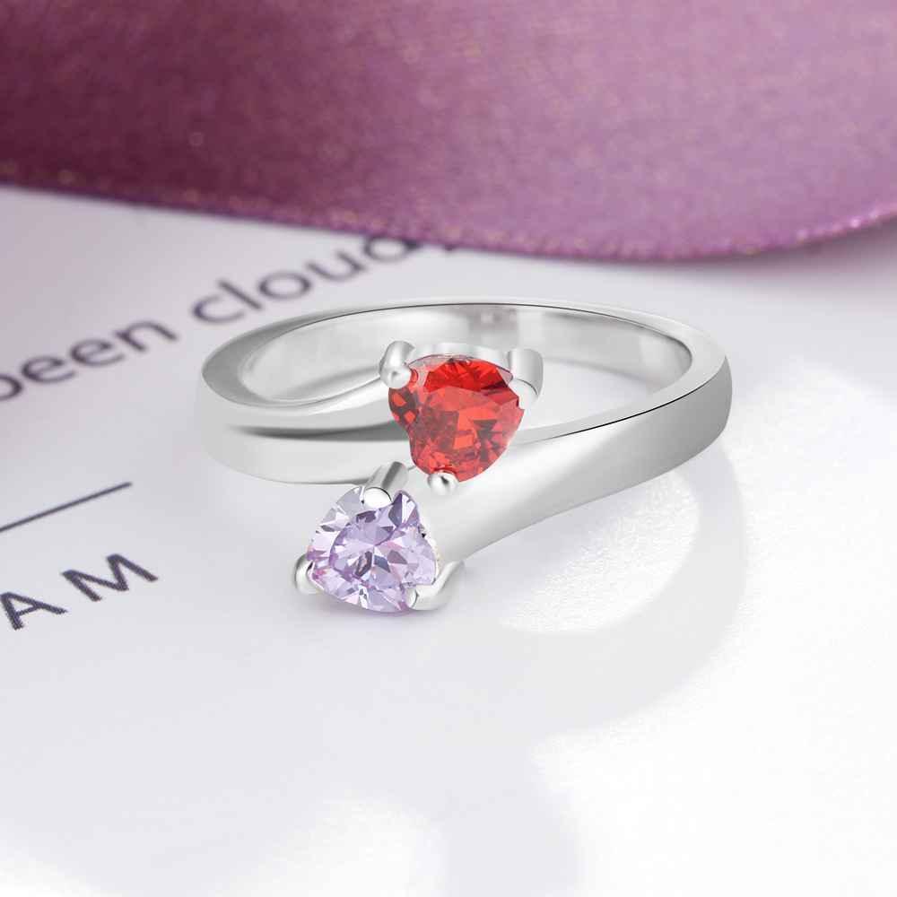 Personalized Silver Ring - Engrave One Phrase, Two Custom Names, Two Custom Heart Birthstones - Customized Gifts-Personalized Jewels