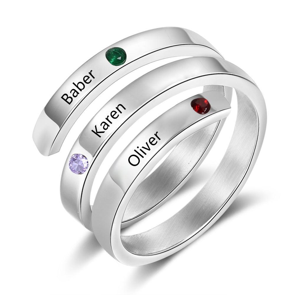 Personalized Silver Ring - Three Custom Names - Three Custom Birthstones - Customized Gifts-Personalized Jewels