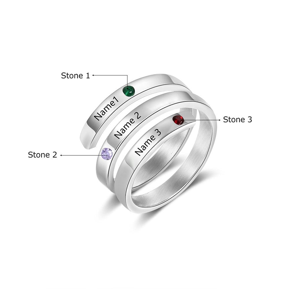 Personalized Silver Ring - Three Custom Names - Three Custom Birthstones - Customized Gifts-Personalized Jewels