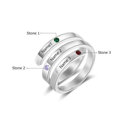Personalized Silver Ring - Three Custom Names - Three Custom Birthstones - Customized Gifts-Personalized Jewels