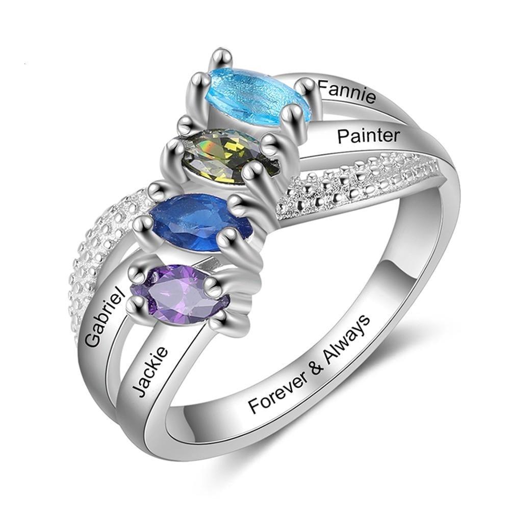 Personalized Solid Family Ring With 4 Birthstones, Custom 4 Name And 1 Inner Engraving Option With The Ring-Personalized Jewels