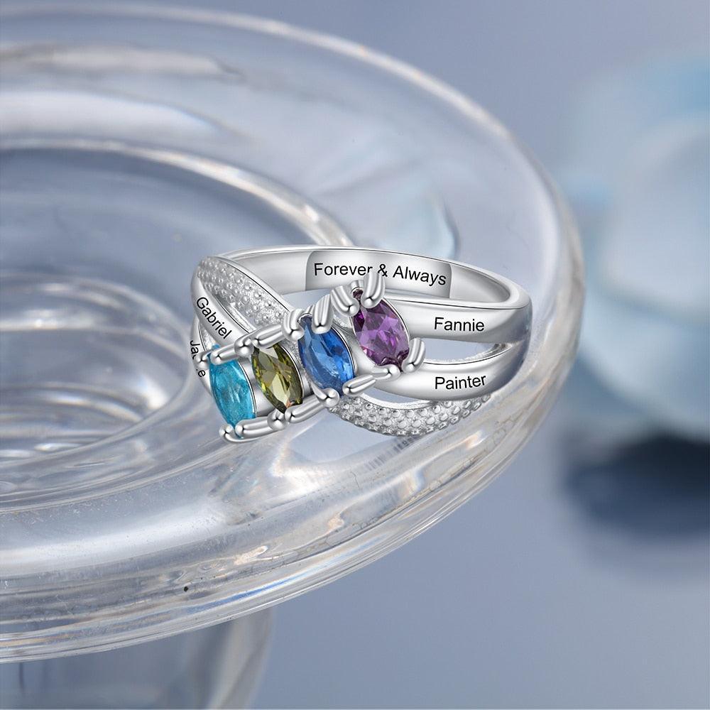 Personalized Solid Family Ring With 4 Birthstones, Custom 4 Name And 1 Inner Engraving Option With The Ring - Personalized Jewel