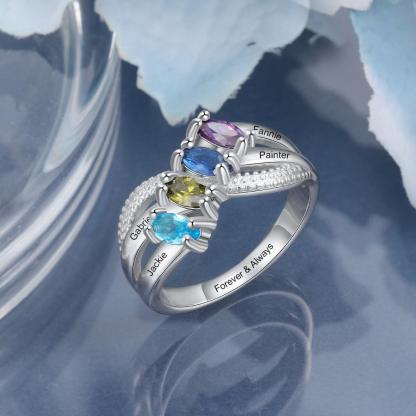 Personalized Solid Family Ring With 4 Birthstones, Custom 4 Name And 1 Inner Engraving Option With The Ring - Personalized Jewel